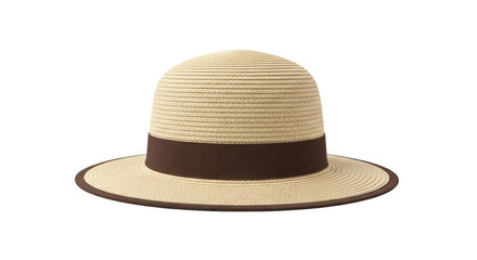 Isolated Panama hat made of woven straw with brown ribbon, sun hat with brim for summer