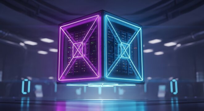 Futuristic Neon Cube Abstract Geometric Structure with Digital Data Flow