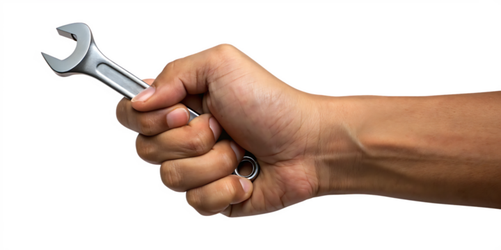 steel wrench held in human hand isolated on white background, png, ai generated