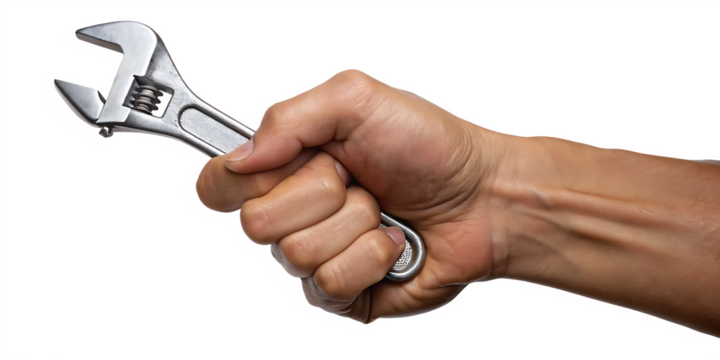steel wrench held in human hand isolated on white background, png, ai generated