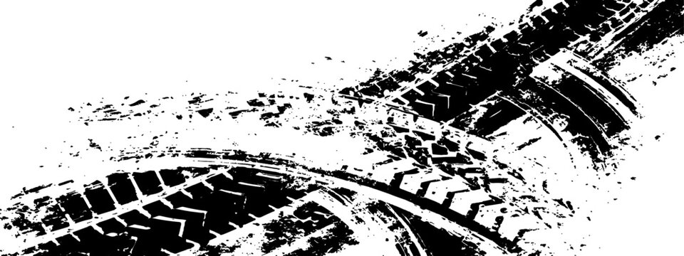 Black tire marks pattern isolates on white background. Top view background tires marks.  Seamless tire, track, car, vector, wheel texture. Clean tire print with Overlay and transparent look. 