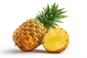 A whole ripe pineapple with a sliced piece next to it, isolated on white background, 