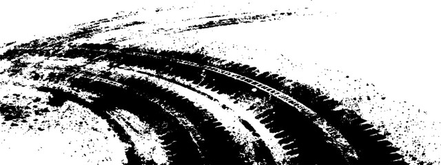 Black tire marks pattern isolates on white background. Top view background tires marks.  Seamless tire, track, car, vector, wheel texture. Clean tire print with Overlay and transparent look. 