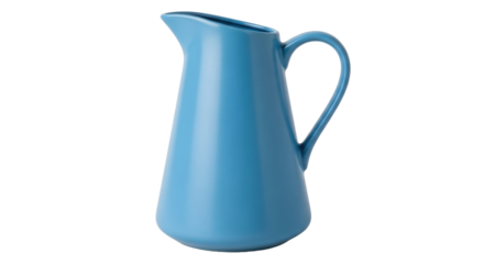 Isolated light blue ceramic pitcher stands upright, ready to pour water or milk at breakfast