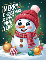 Snowman Holiday Background with Merry Christmas and Happy New Year