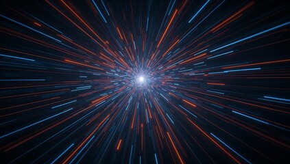 Dynamic abstract background with vibrant streaks of light bursting from a central bright point, creating a sense of speed and futuristic motion