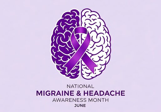 National migraine headache awareness month purple ribbon brain graphic