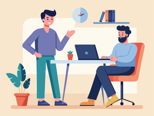 Businessman working on laptop and talking to each other ,vector simple flat design.