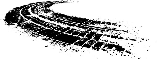 Vector black-and-white tire tracks and skid marks isolated white background. motocross, drifting, drag racing, and off-road vehicles, featuring grunge splatter and tread patterns for car. © Song Long