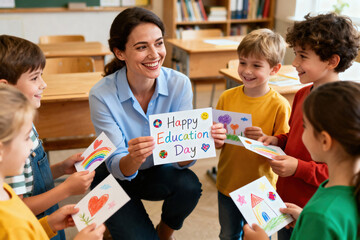 Smiling teacher celebrates happy education day with enthusiastic young students in classroom