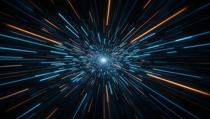 Zooming through the cosmos with vibrant blue and orange light streaks, a dynamic abstract journey into the unknown future