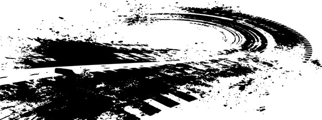 Vector black-and-white tire tracks and skid marks isolated white background. motocross, drifting, drag racing, and off-road vehicles, featuring grunge splatter and tread patterns for car.