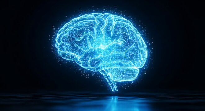 Futuristic brain hologram represents innovative technology, artificial intelligence, and cutting-edge medical advancement in stunning blue tones