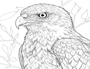 A detailed black and white line drawing of a majestic eagle's head and upper body, with delicate foliage in the background.