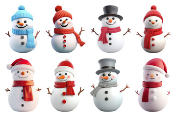 Cheerful snowmen in winter attire.