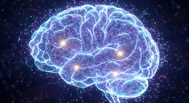 Abstract glowing brain with interconnected neurons and light particles in a dark digital space