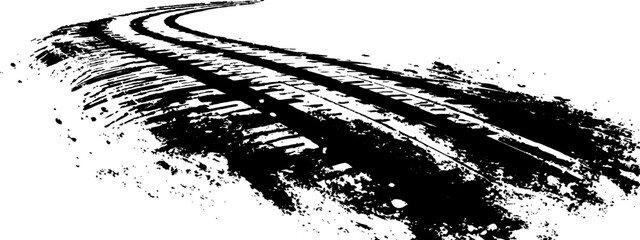 Vector black-and-white tire tracks and skid marks isolated white background. motocross, drifting, drag racing, and off-road vehicles, featuring grunge splatter and tread patterns for car. © Song Long