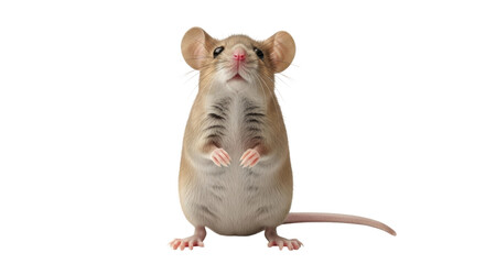 Isolated house mouse standing upright looking up with open ears and delicate fingers © Julie