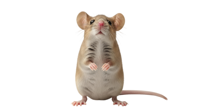 Isolated house mouse standing upright looking up with open ears and delicate fingers