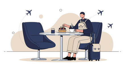 Traveler enjoying a snack at the airport lounge before departure illustrated scene