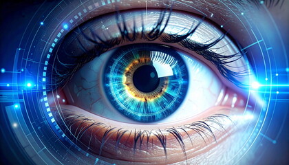 close-up human eye with futuristic digital interface
