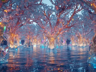 Luminous Crystal Forest Reflecting in Water.