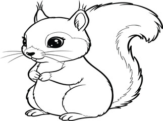 A detailed black and white illustration of a cute squirrel with a fluffy tail.