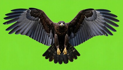 águila monera en pleno vuelo, alas extendidas mostrando su envergadura imponente. Detalle fotográfico de las plumas oscuras y contrastes naturales, con texturas nítidas y realistas. Fondo verde chroma