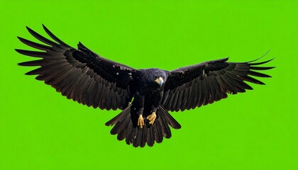 águila monera en pleno vuelo, alas extendidas mostrando su envergadura imponente. Detalle fotográfico de las plumas oscuras y contrastes naturales, con texturas nítidas y realistas. Fondo verde chroma