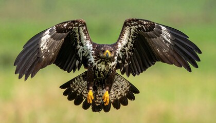 águila monera en pleno vuelo, alas extendidas mostrando su envergadura imponente. Detalle fotográfico de las plumas oscuras y contrastes naturales, con texturas nítidas y realistas. Fondo verde chroma