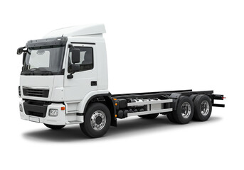 Powerful white truck chassis ready for customization in a clean, modern studio setting, perfect for logistics and transport industries