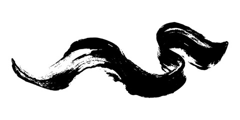 Single one black paint brush stroke isolated on white background. Smudged black mascara isolated on white background. Cosmetic product swatch. Paint brush stroke