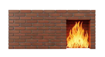 Isolated fireplace with burning fire in a brick wall, cozy warmth in a cold winter day