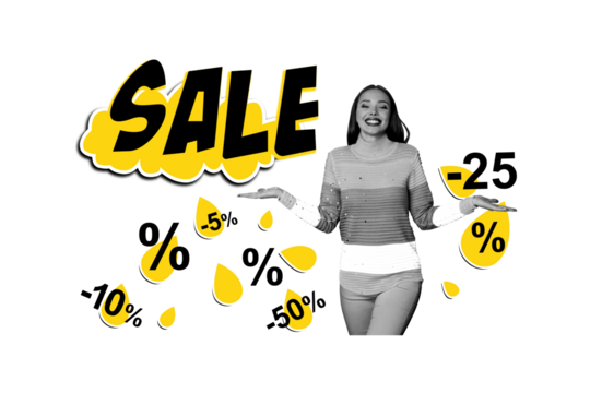 Composite photo collage of happy girl stack rain cloud drop fall autumn black friday sale percentage offer isolated on painted background