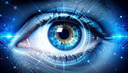 close-up human eye with futuristic digital interface