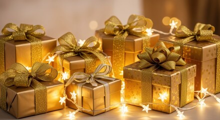 Golden Gifts of Joy: Presents, meticulously wrapped in shimmering gold paper and adorned with luxurious bows, rest beneath the gentle glow of twinkling fairy lights.