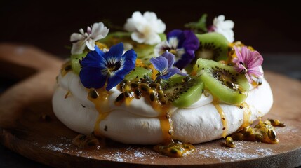 Pavlova topped with kiwi, passionfruit, and edible flowers