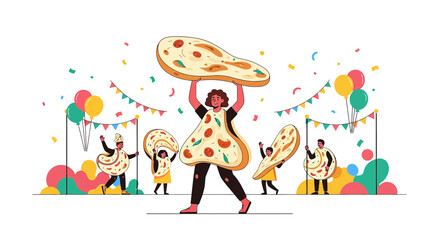 Whimsical pizza festival celebration featuring people in playful pizza slice costumes