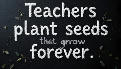 Teachers plant seeds that grow forever quote with textured lettering and subtle leaf accents on a dark background, highlighting the organic and continuous nature of learning
