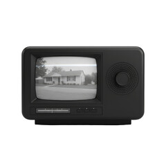 Obraz premium Vintage Television Displaying Suburban Home Scene against Isolated Transparent Canvas