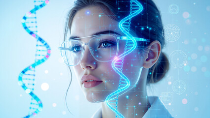 Woman biologist analyzing DNA with futuristic digital interface