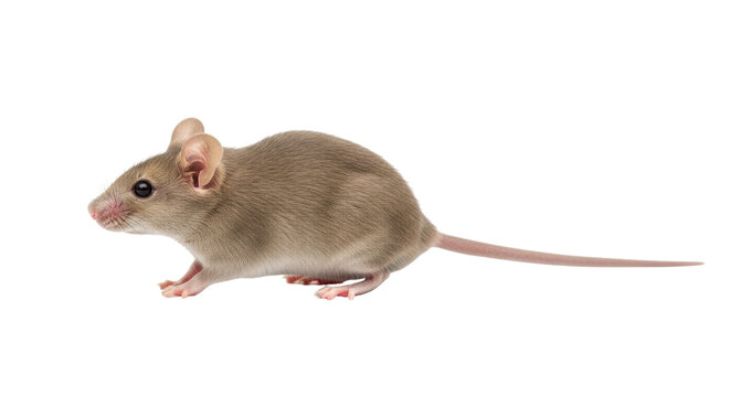 Isolated mouse on clean backdrop close-up showing detail of fur and whiskers, head to tail