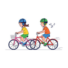 Two happy children wearing helmets and headphones riding bicycles together outdoors