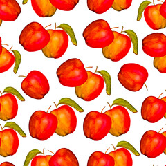 A seamless watercolor pattern with juicy red apples leaves on a white background