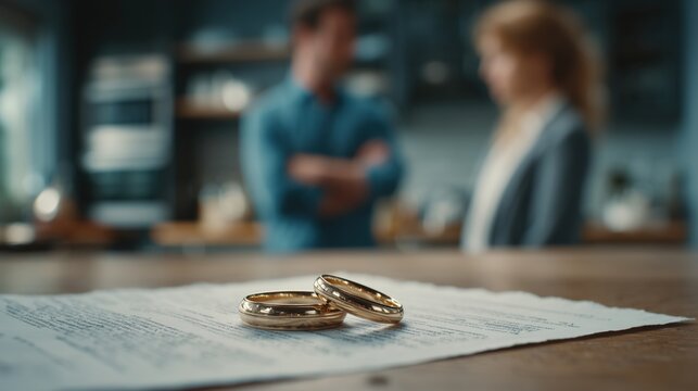 Two wedding rings on a table with a blurred couple in the background. The scene suggests a discussion about relationships or marriage.