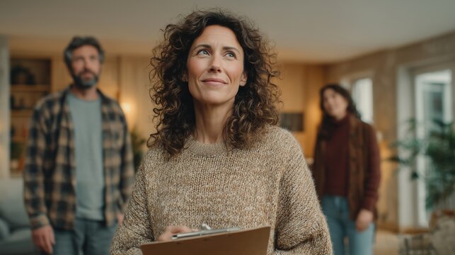 A middle-aged woman with curly hair holds a clipboard, looking thoughtfully. Two people, a man and a woman, stand behind her in a cozy indoor setting.