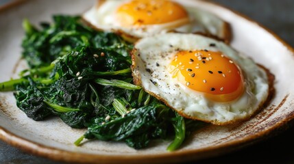 Sunny-side-up eggs with sautéed greens, styled on ceramic plate