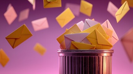 A trash can filled with colorful envelopes, including yellow and white, with more envelopes floating above against a purple background.