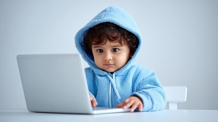 A young boy with curly black hair sits at a table using a laptop. He wears a blue hoodie and has a focused expression. The background is light and simple.