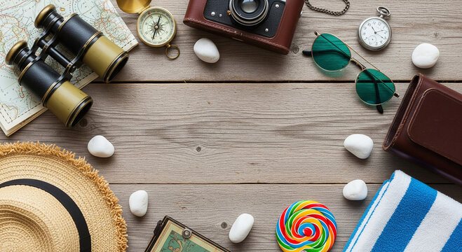 A flat lay composition featuring travel essentials such as a hat, binoculars, camera, and map, arranged on a wooden surface, evoking a sense of adventure